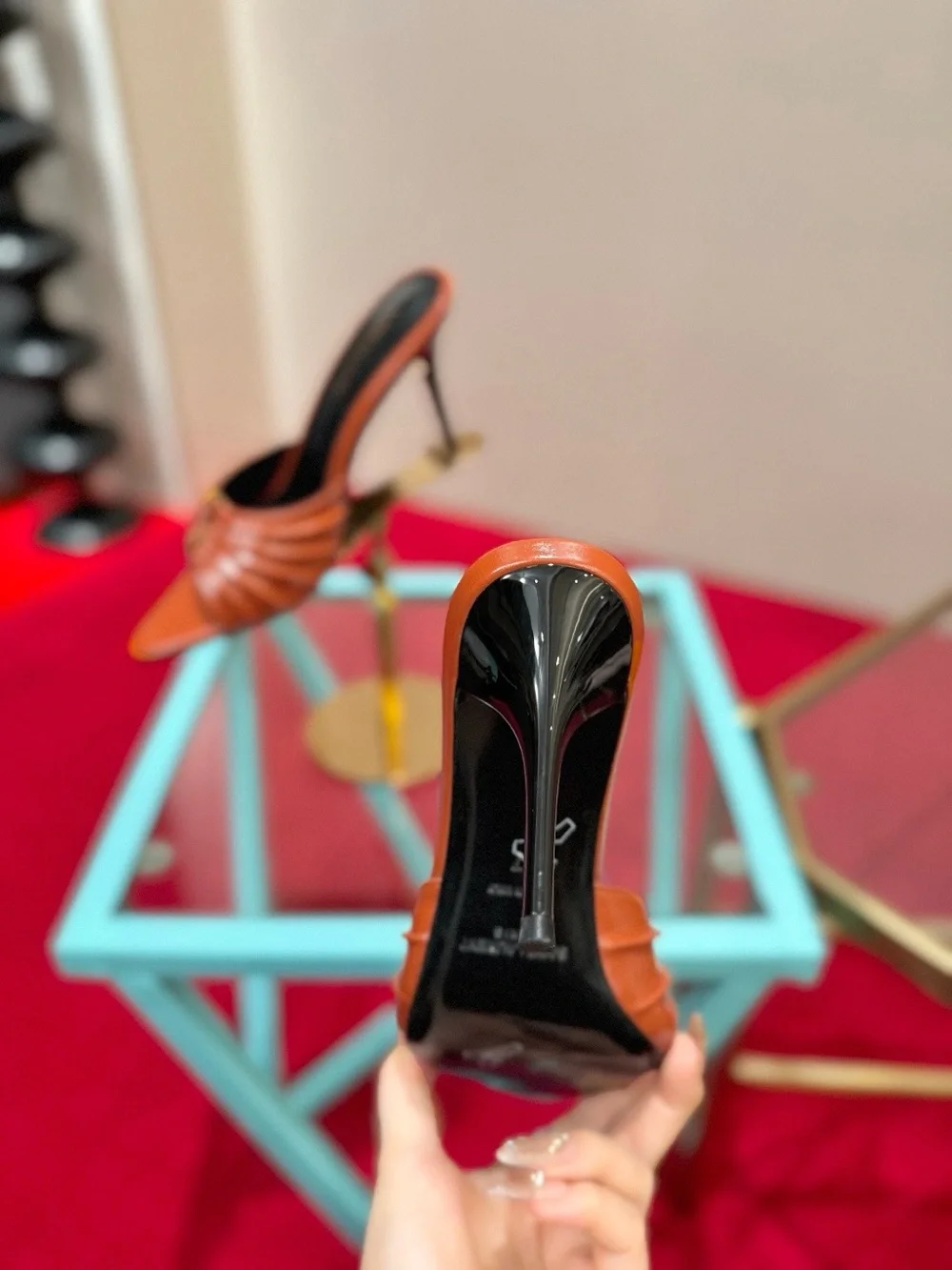 Saint Laurent Tan Leather Ruched Slide Heels with Gold YSL Accent